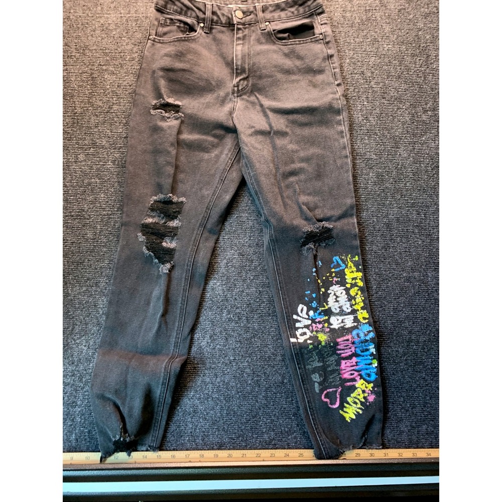 Tinseltown Distressed Graffiti Stretch Jeans 7 Black Streetwear Grunge Edgy Y2K
